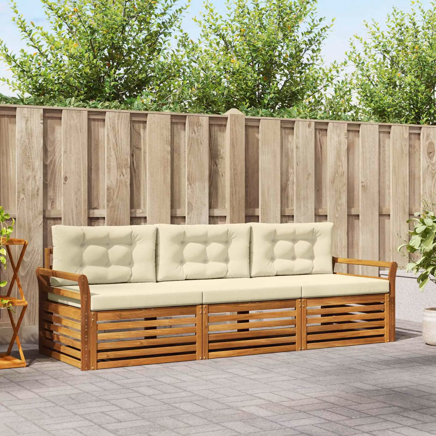 Set di divani da esterno vidaXL in legno di acacia con cuscini, colore beige e bianco
