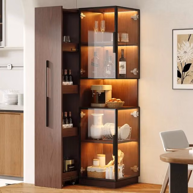Mobile Vetrina ¨C Minimal ¨C Noce MDF 70x38x160 cm con LED Ripiani Estraibili Soggiorno Cucina Sala da Pranzo
