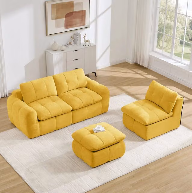 Divano modulare angolare a 3 posti con pouf 264x160x68 cm in chenille gialla