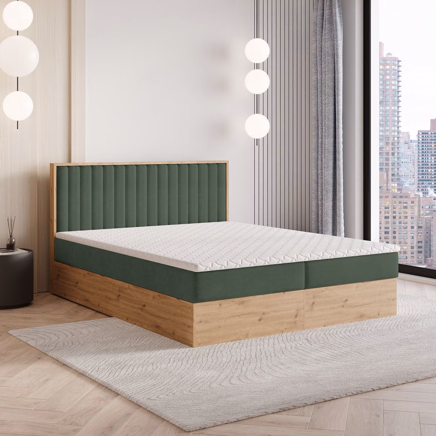Letto a molle Masseno VARELI 140x200 cm completo di materasso e topper Bonell, letto imbottito con cassettiera -Verde, SORO 72