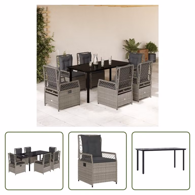 The Living Store Set da pranzo da giardino 7 pezzi con cuscini in poly rattan grigio chiaro
