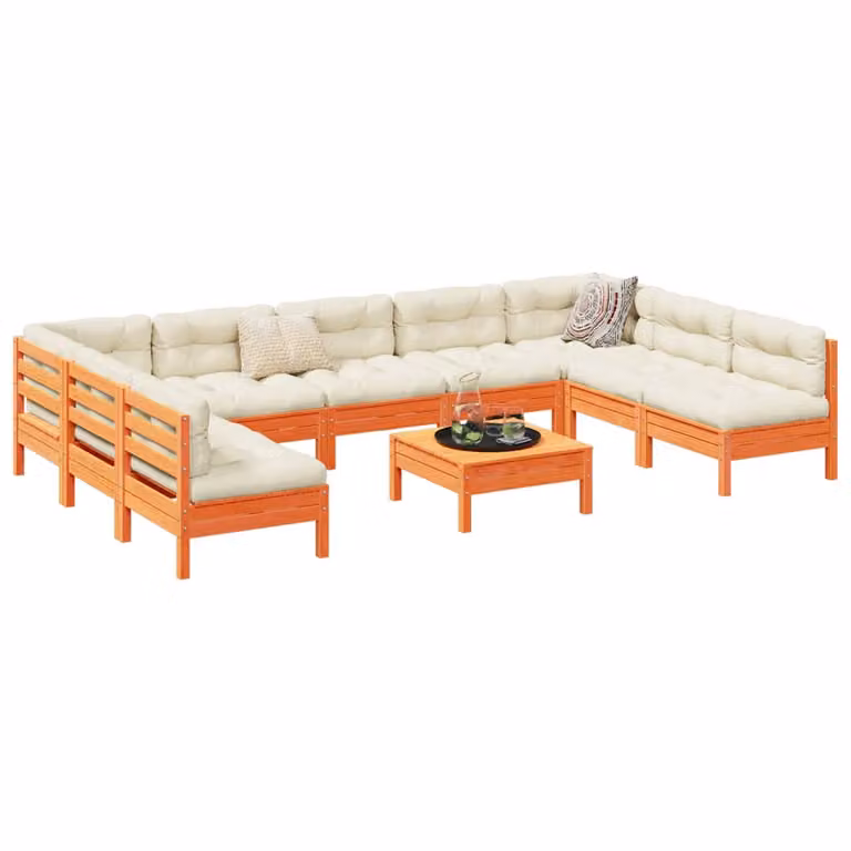 Set di divani da giardino vidaXL in legno massello di pino con cuscini marrone cera e beige a forma di U