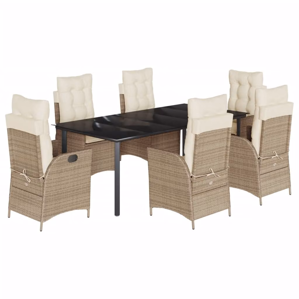 Set da Pranzo da Giardino 7 pz con Cuscini Beige in Polyrattan