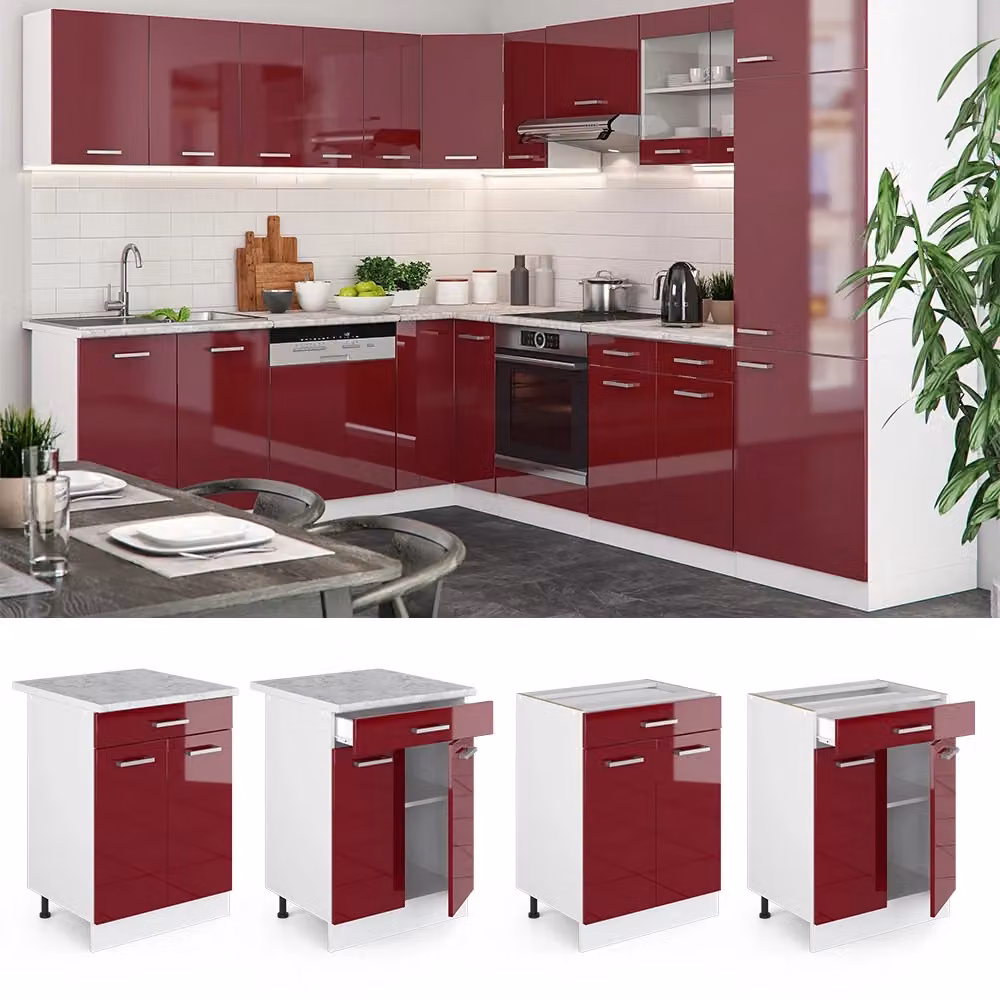 Mobiletto base per cucina Vicco moderno con ante e cassetti, Rosso lucido/Bianco/Grigio, L: 60 cm, H: 81,6 cm, P: 46 cm – 2