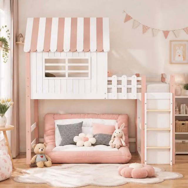 Letto per bambini a casetta 90x200 cm in legno massello; rosa; con scala di sicurezza