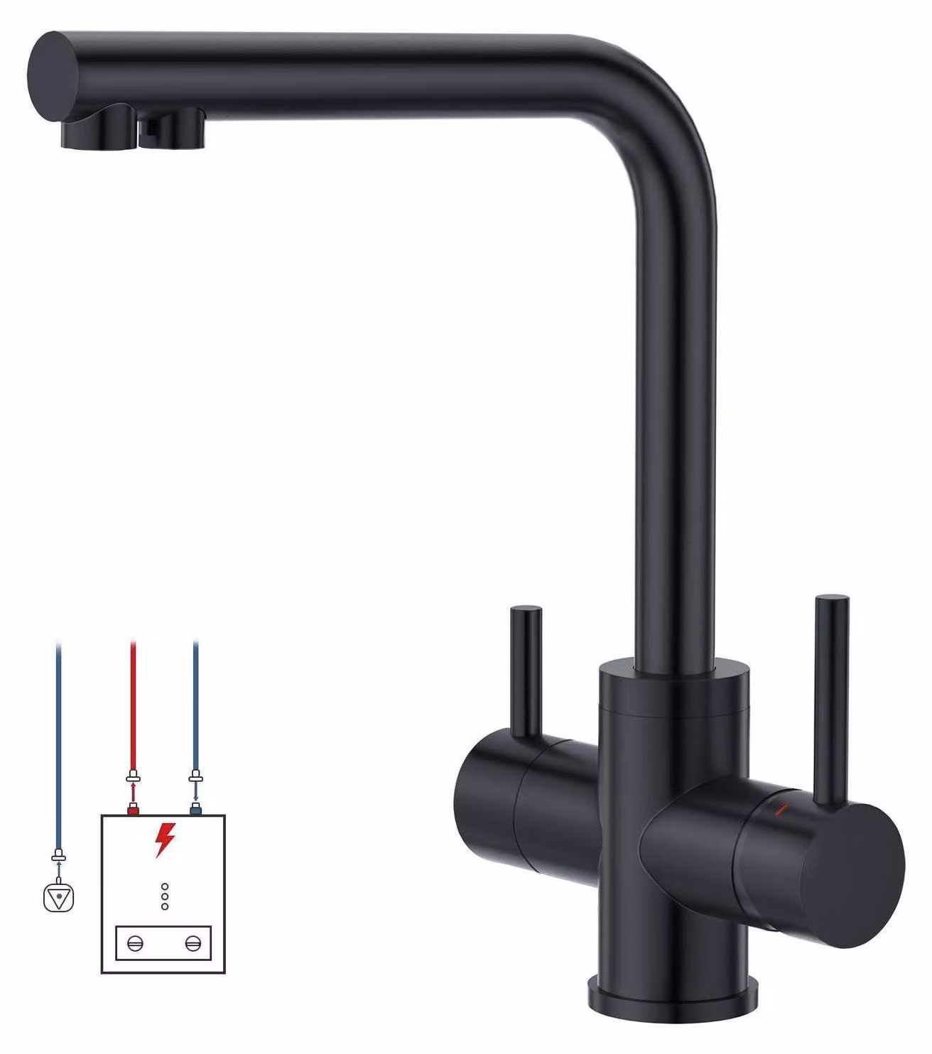 Rubinetto per lavello a bassa pressione, tre vie, colore nero, acciaio inossidabile, girevole a 360°