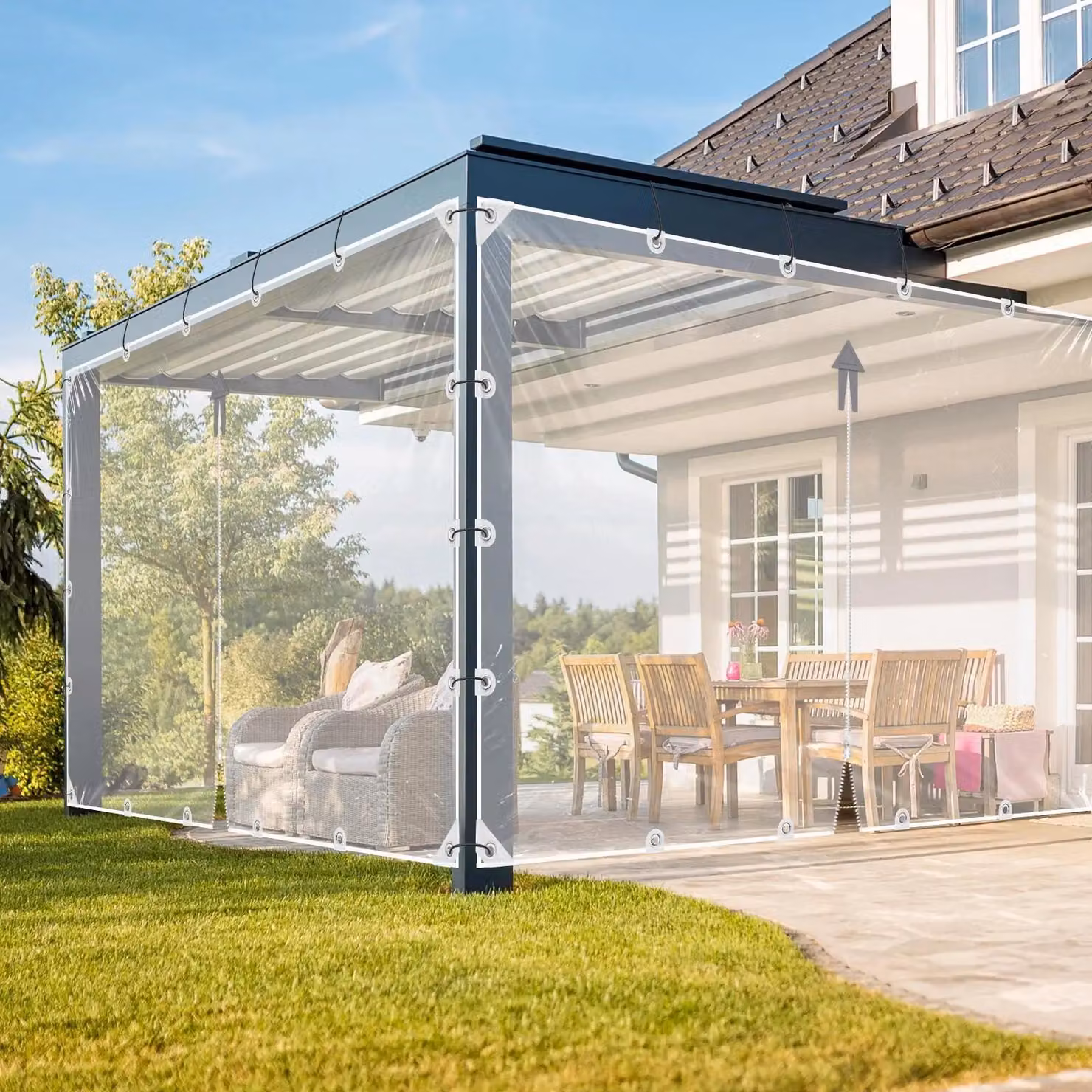 Telo in PVC trasparente - Tenda da esterno - Impermeabile - Per carichi pesanti - Occhielli rinforzati - Dimensioni 2,4 x 4,5 m - Trasparente