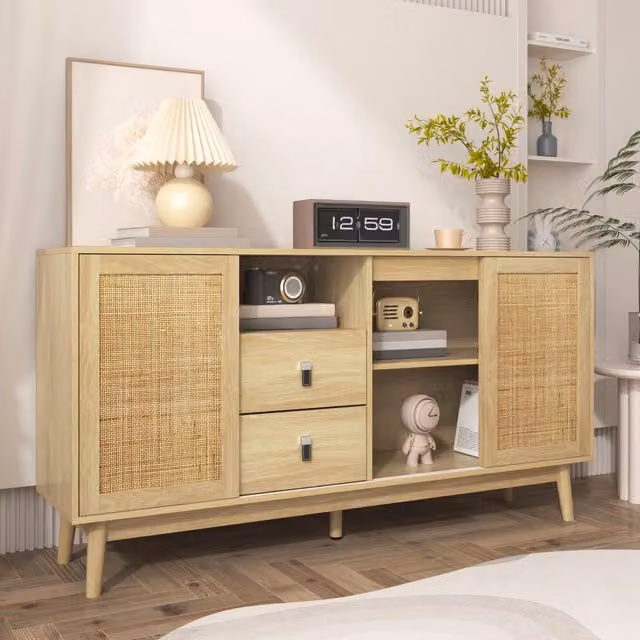 Credenza e madia capiente con 3 ante scorrevoli in rattan e 2 cassetti per soggiorno color legno 155 × 38 × 80 cm