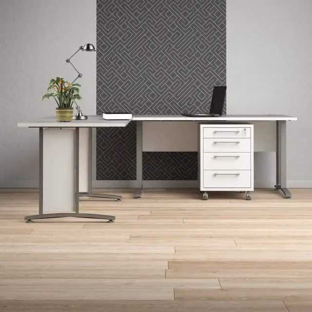 Scrivania DMORA moderna con cassettiera, tavolo da ufficio rettangolare in MDF laminato opaco, L: 230 cm, P: 200 cm, H: 75 cm, Bianco e Grigio – 1