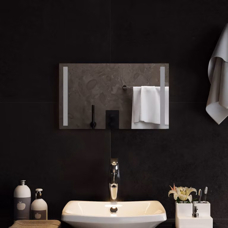 Specchio da bagno moderno vidaXL con luce LED in vetro temperato trasparente, L 50 cm x H 30 cm