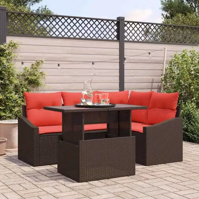 Set Divano da Giardino 5 pz Marrone e Rosso polyrattan 3349000