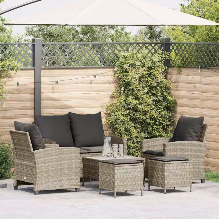 Set Divano da Giardino vidaXL 6 Pezzi in Polyrattan Grigio con Cuscini e Tavolino