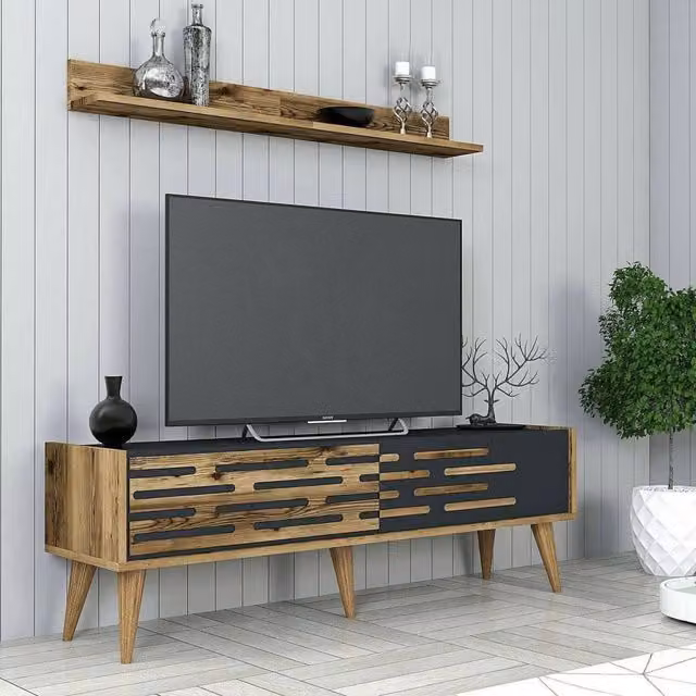 Mobile porta TV Arsiero moderno, credenza da soggiorno in noce e antracite, L 140 x P 45 x H 35 cm – 1