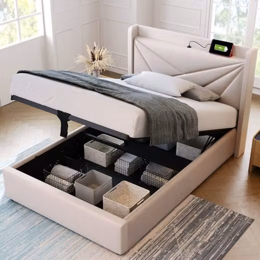 Letto imbottito Sweiko con porta di ricarica USB/TYP-C, testata geometrica, lino, 90*200cm Beige (senza materasso)