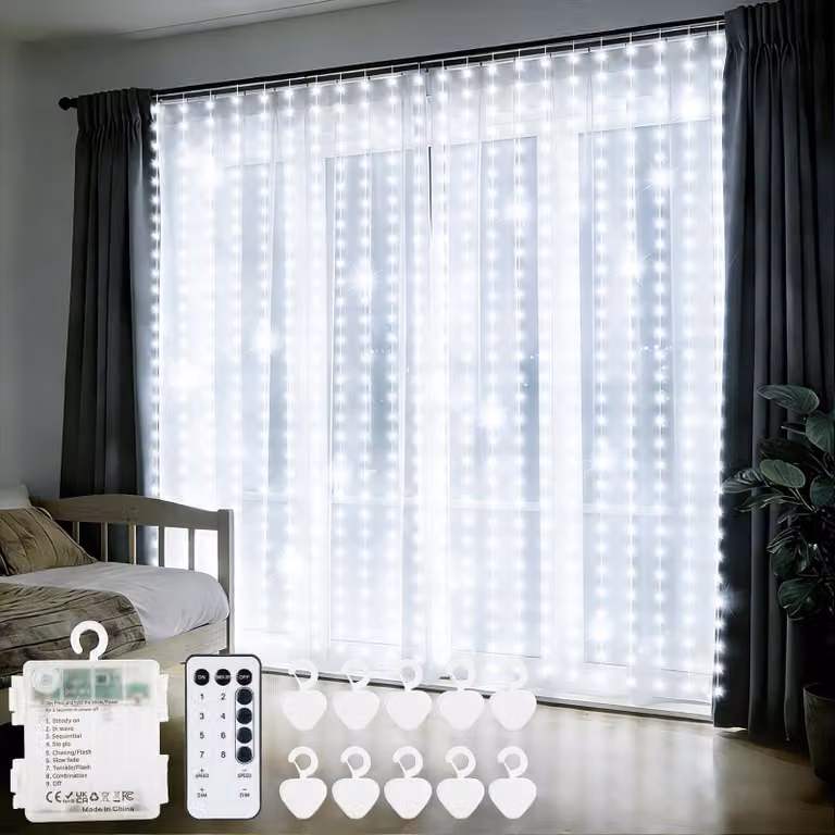 Illuminazione a tenda a LED, modello 300, dimensioni 3x3 metri, luce bianca fredda, alimentazione a batteria