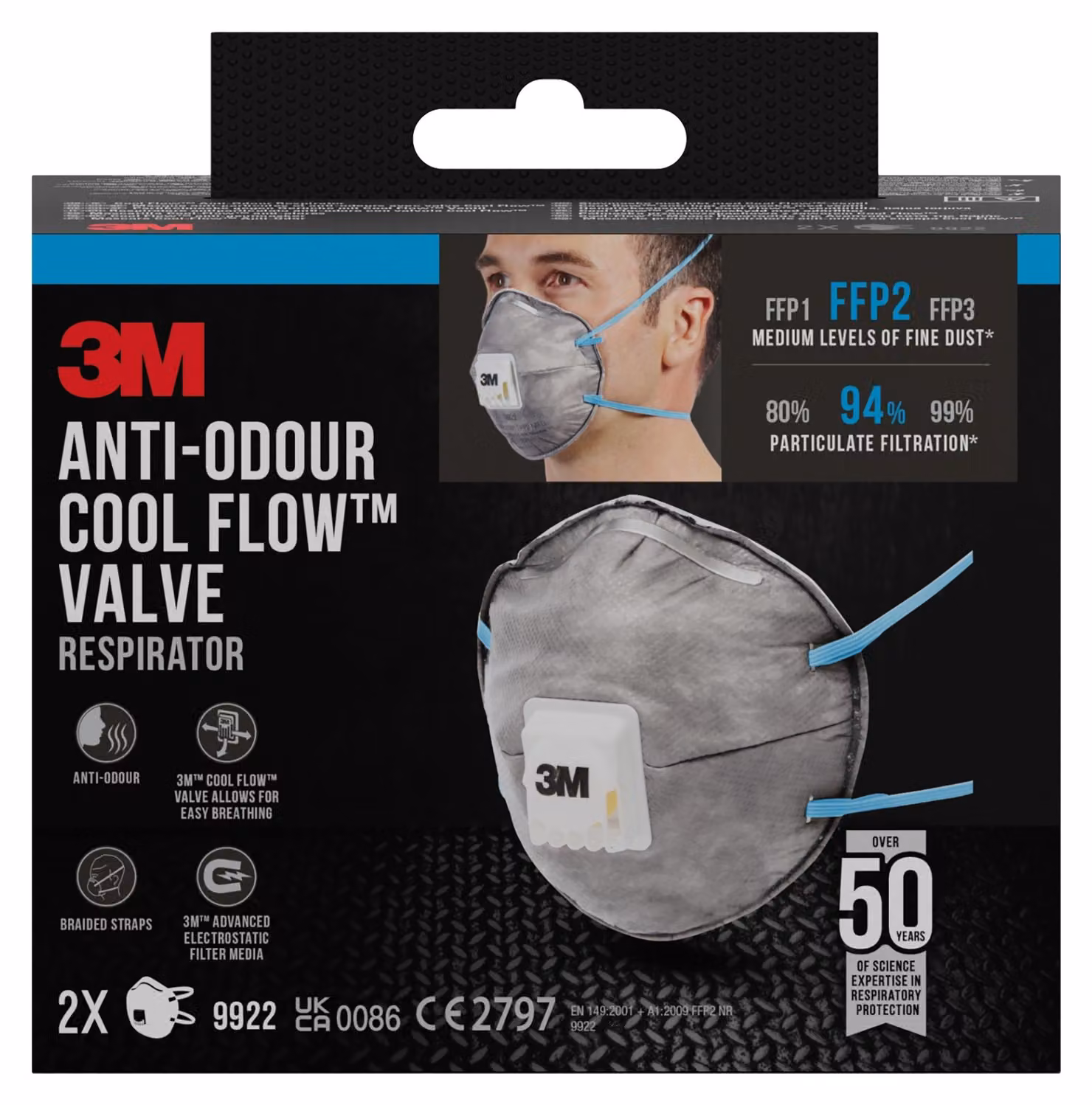 Maschera antiparticolato 3M™ Cool Flow 9922, FFP2, anti-odore, con valvola, confezione da 2