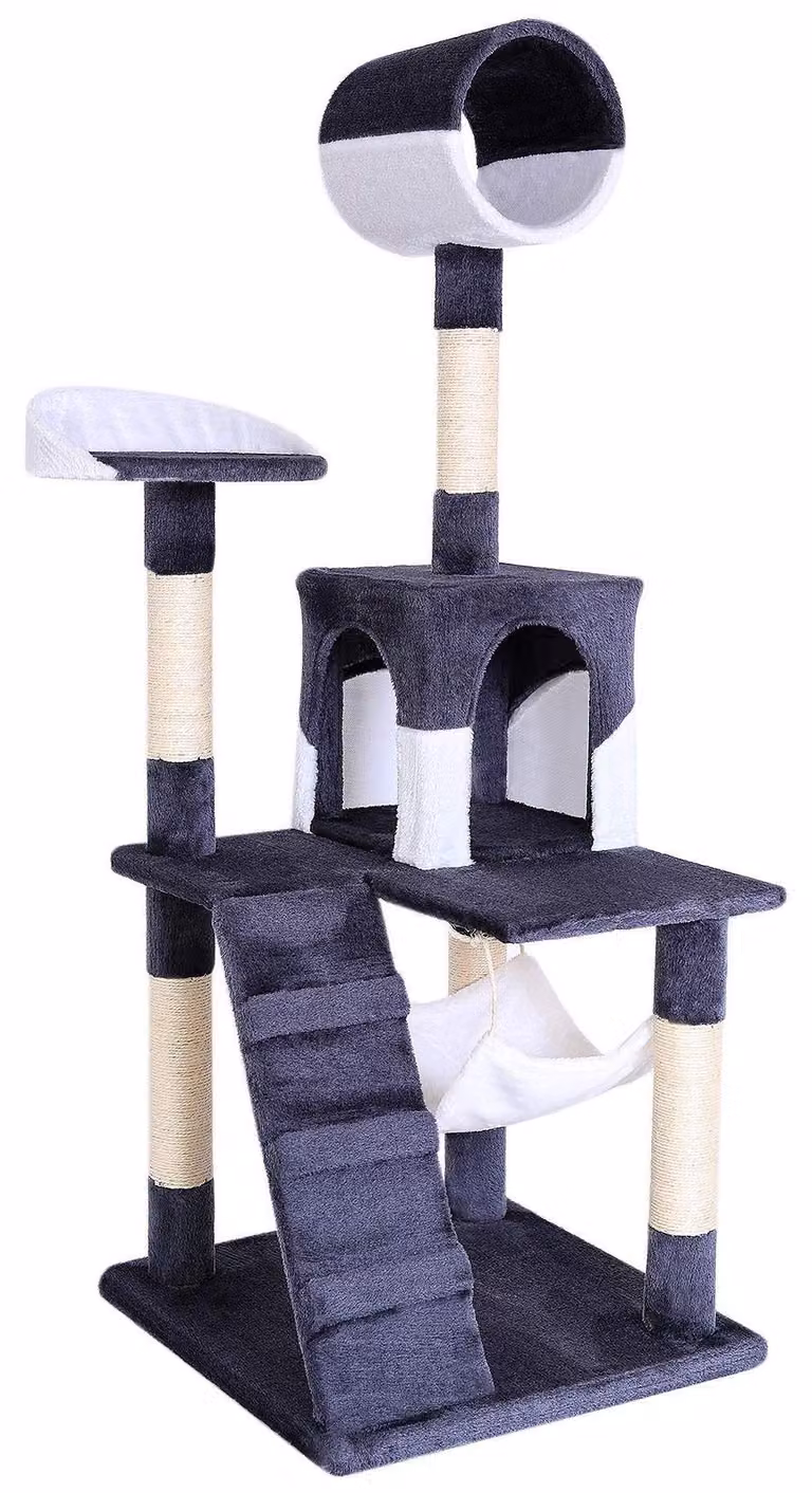 tiragraffi lionto, elegante albero per gatti da 133 cm con copertura in peluche, robusti pali in sisal e versatili aree di riposo, grigio/bianco