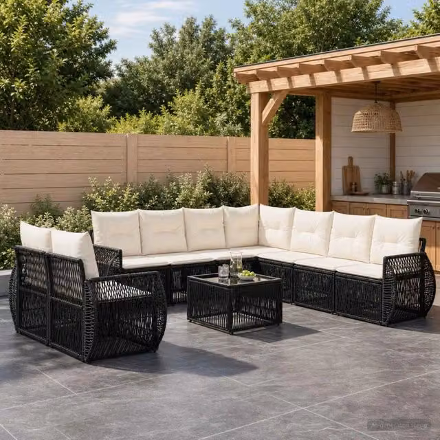 Set Divano da Giardino vidaXL 10 Pezzi in Polyrattan Nero e Bianco Crema con Tavolino e Cuscini Imbottiti