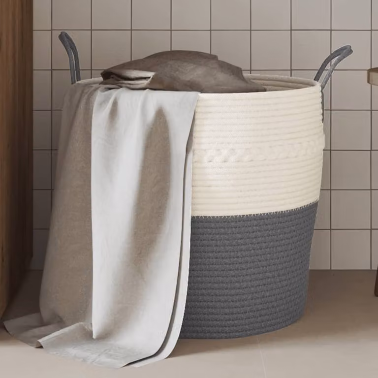 Cestino portaoggetti vidaXL in tessuto multicolore grigio e bianco con maniglie e design a trama aperta, Ø 43 x H 38 cm