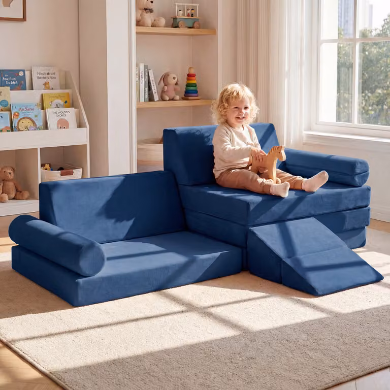 Divano componibile per bambini Costway in velluto blu, set modulare da 10 pezzi