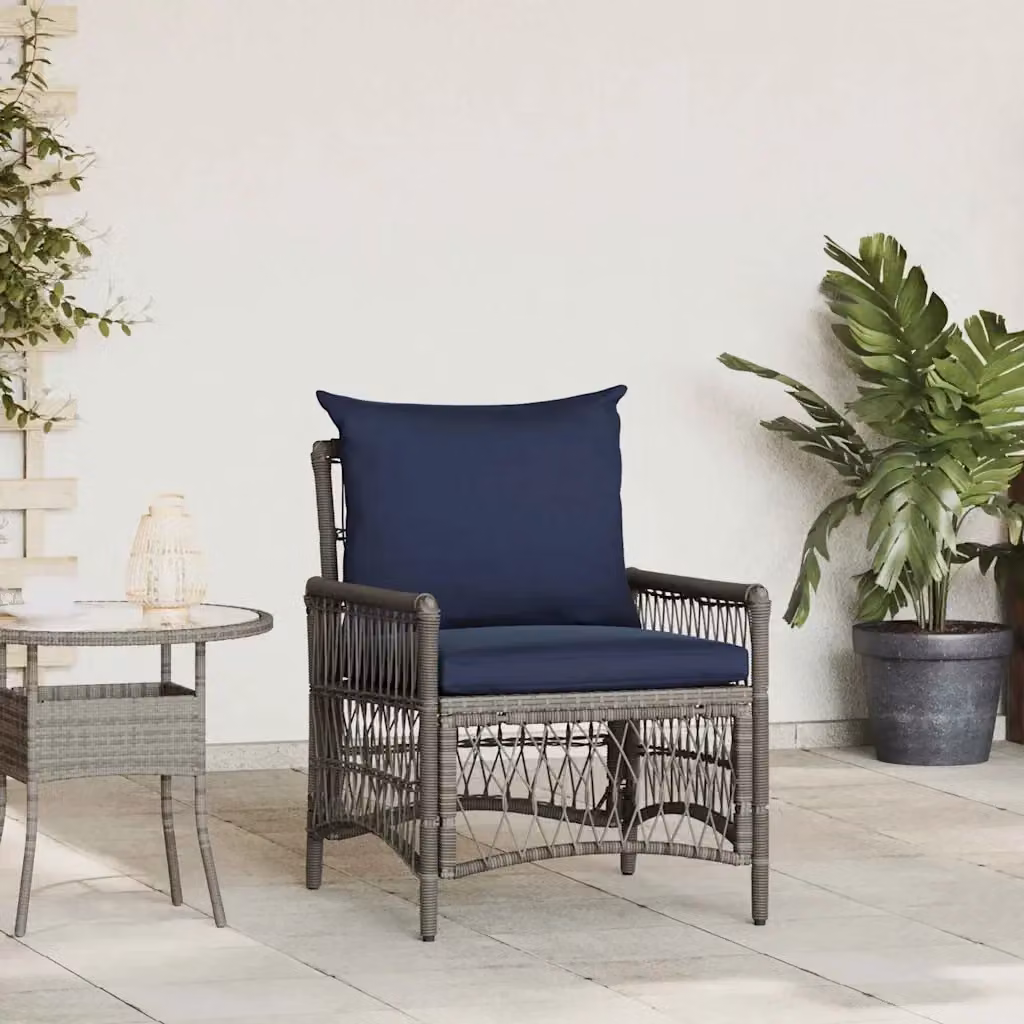 Sedia da giardino moderna in polyrattan con cuscini inclusi, colore grigio e blu, resistente alle intemperie, L: 61 cm, P: 73 cm, H: 77 cm – 2