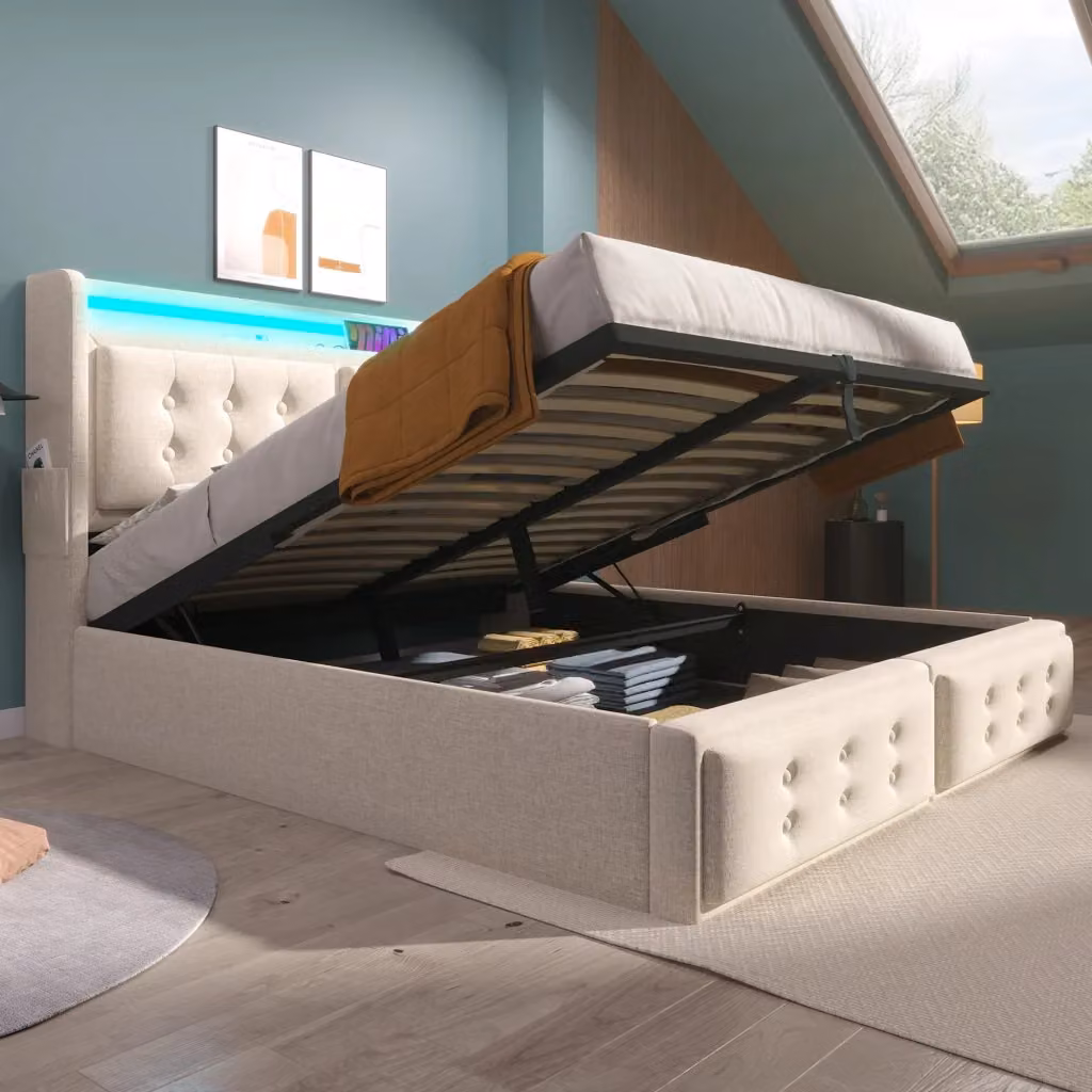 Letto imbottito REDOM Beige con base contenitore a sollevamento, illuminazione LED e porte USB, L/P: 140 x 200 cm – 2