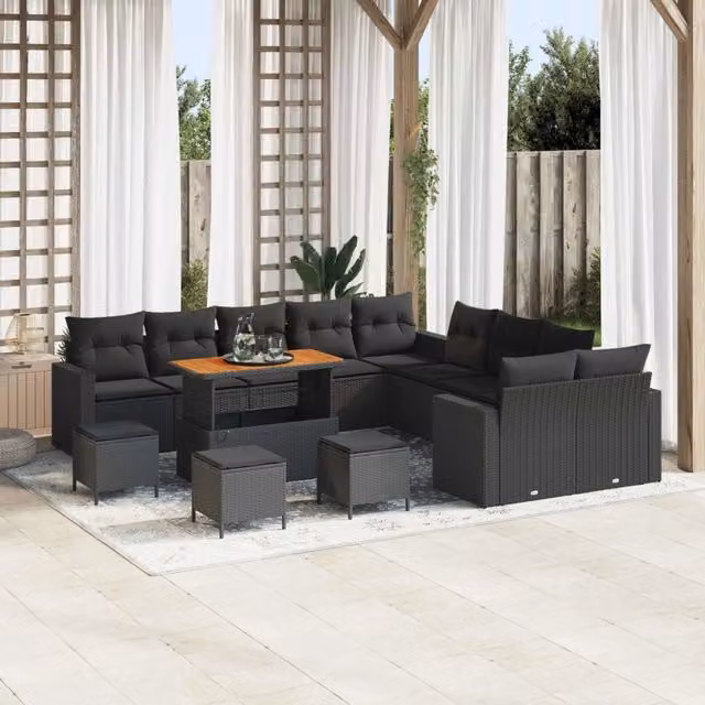 Set Divano da Giardino Moderno vidaXL in Polyrattan Nero con Cuscini e Tavolino da Caffè a Forma di U