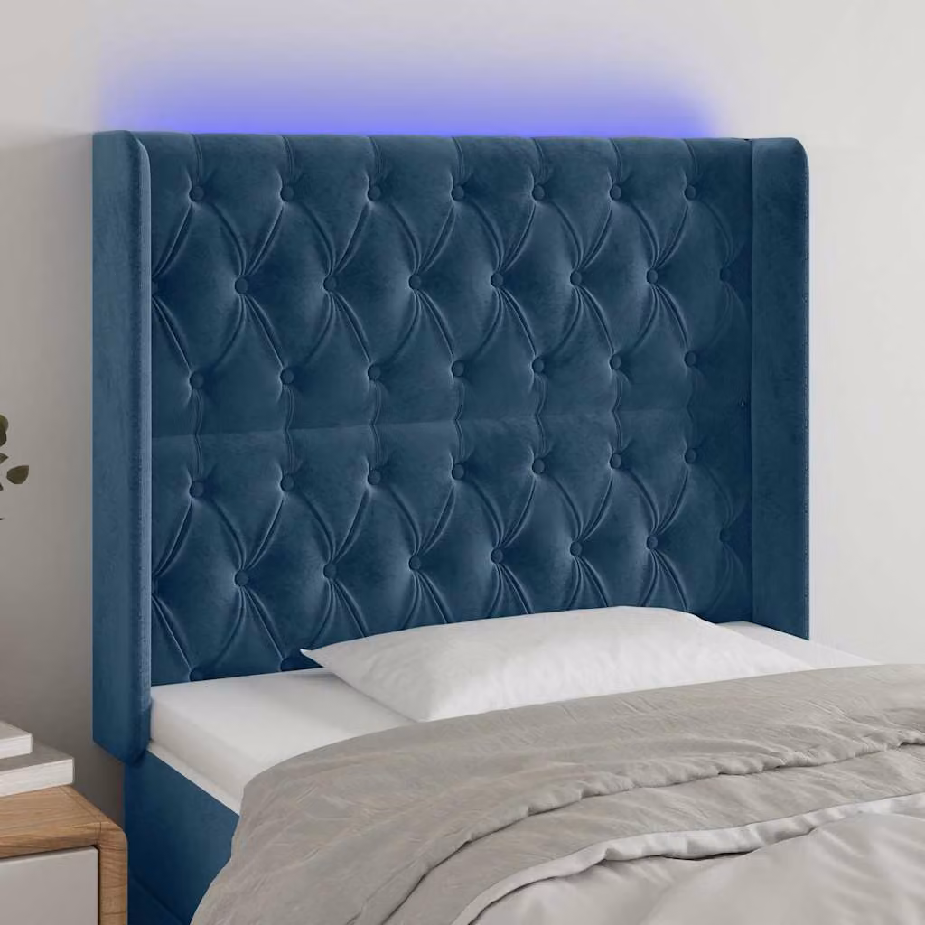 Testiera per letto vidaXL in velluto blu scuro con illuminazione LED e porta di ricarica USB, L/P/H: 93 x 16 x 118/128 cm