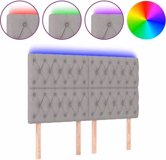Testiera con LED e porta USB in tessuto grigio chiaro, L: 144 cm, P: 7 cm, H: 118/128 cm