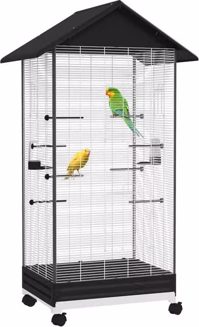 Voliera per uccelli Giordanoshop con posatoi, mangiatoie e vassoio estraibile, Altezza: 155 cm, Colore: Nero e Bianco