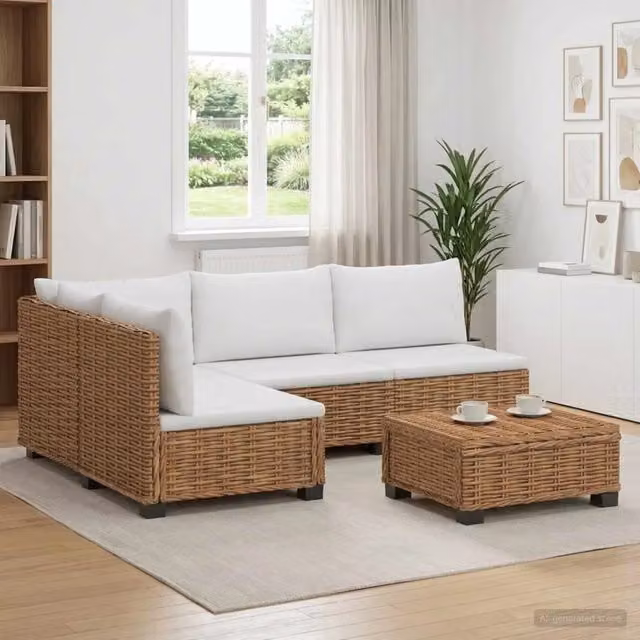 Set Lounge da Giardino a Forma di L vidaXL in Rattan e Legno con Cuscini Beige e Bianchi