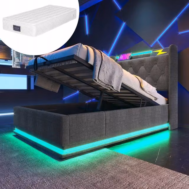 Letto imbottito 90x200 grigio, idraulico, LED, USB-C - Xylo - Con materasso