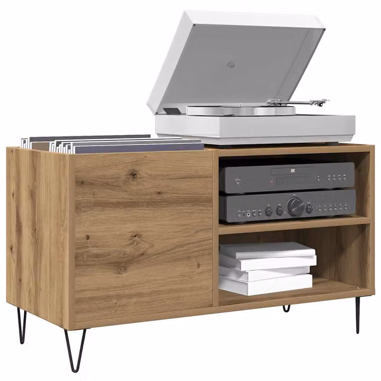 vidaXL Mobile Porta Dischi in Rovere Artigianale e Metallo, Marrone, L: 84,5 cm, P: 38 cm, H: 48 cm