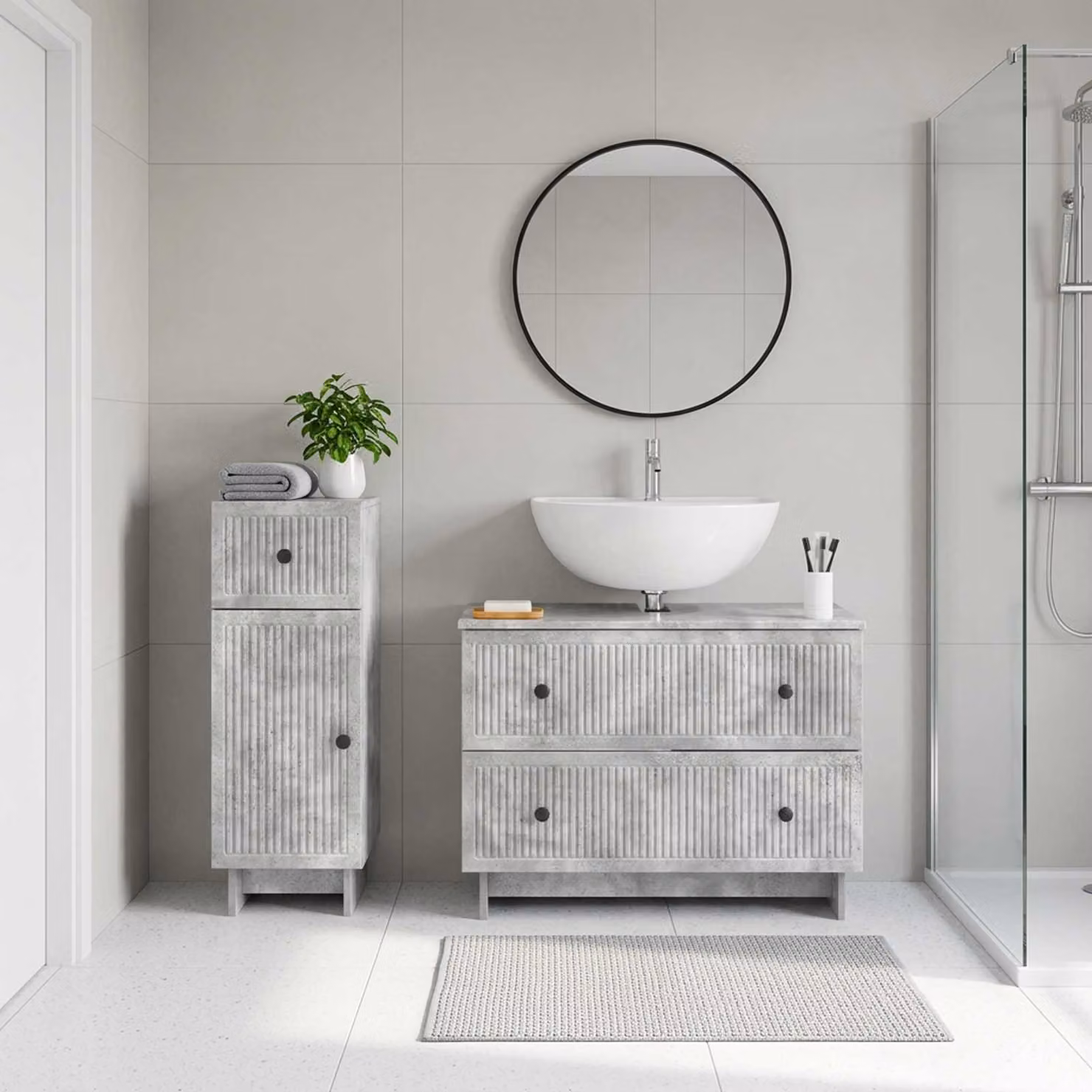 Set di 2 mobili da bagno moderni vidaXL in legno grigio opaco con ante a cerniera e ripiani interni