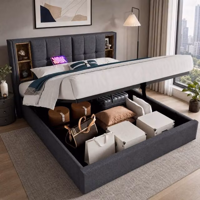 Letto Contenitore REDOM Moderno in Tessuto Grigio con Ricarica USB e Ripiano Laterale L/P/H: 180 x 200 x 185 cm – 1