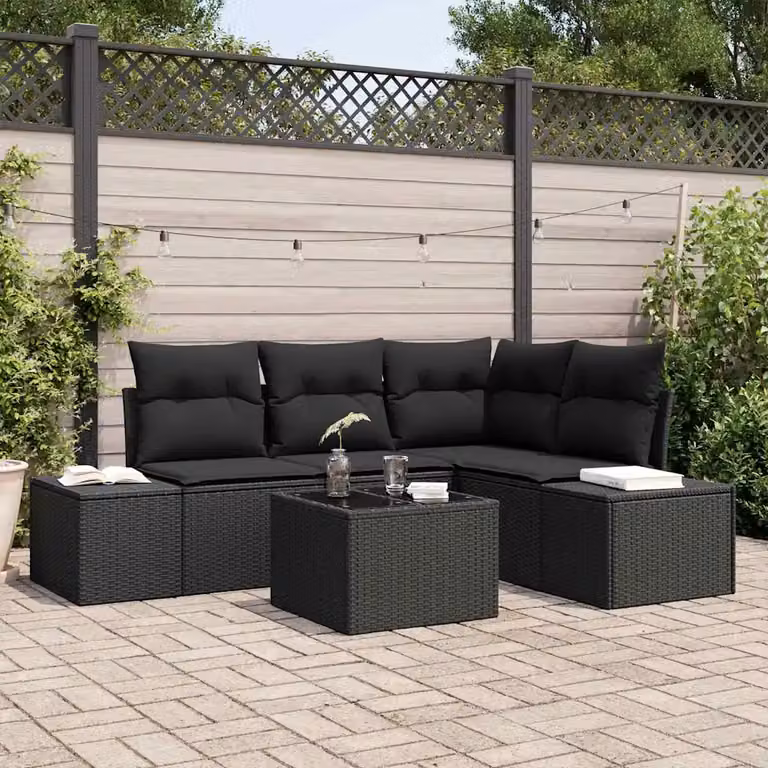 Set Divano da Giardino a L con Polyrattan e Legno di Acacia Nero vidaXL con Cuscini e Tavolino da Caffè