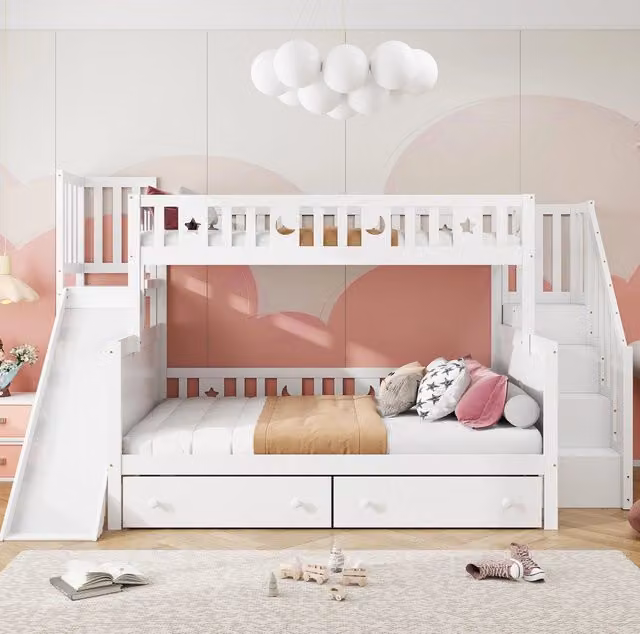 Letto a castello per bambini con scivolo e scala di sicurezza; 90x200/140x200 cm; bianco in legno