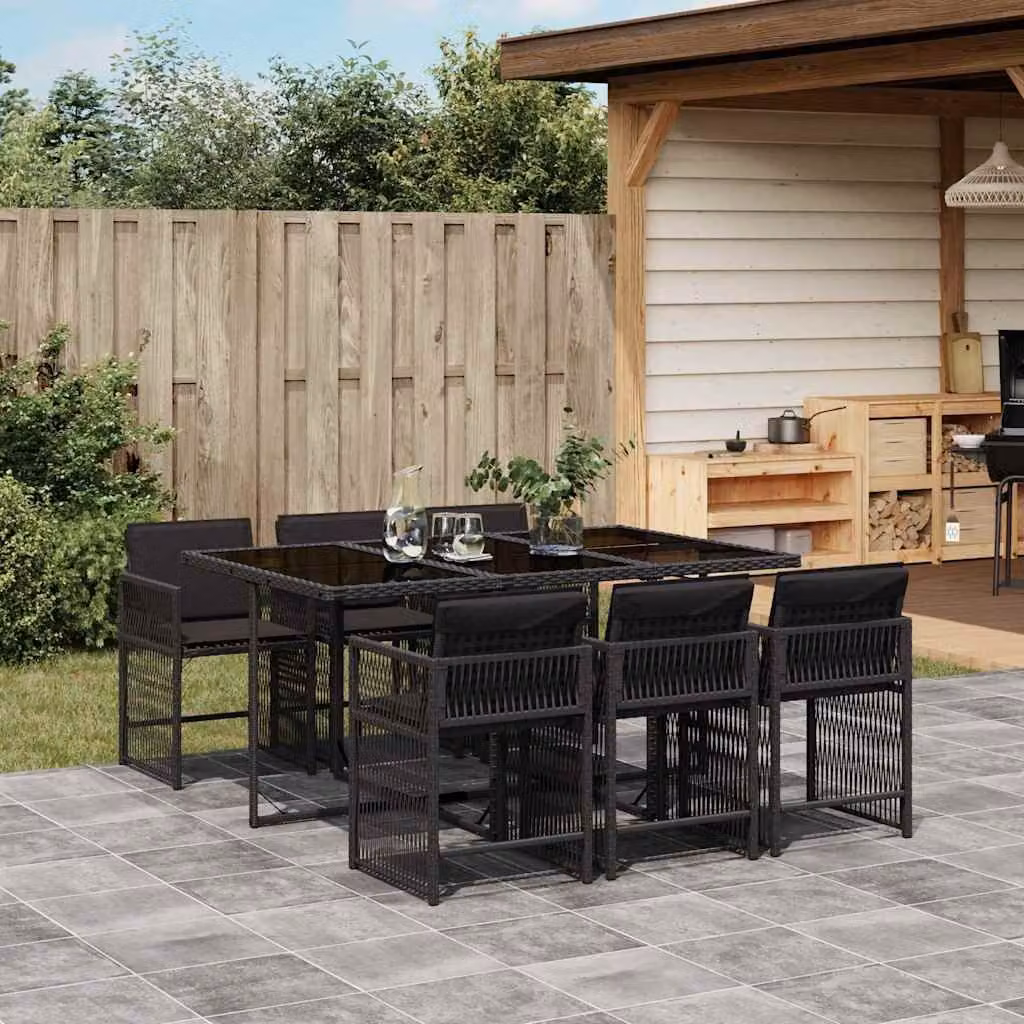Set da Pranzo da Giardino vidaXL 7 pz in Polyrattan Nero con Piano in Vetro – 1