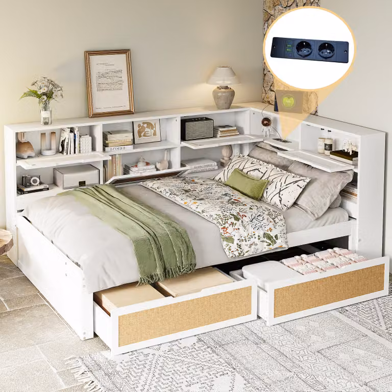 Abrihome 140x200cm divano letto day bed con 2 rifiniture in rattan armadio, rete a doghe e libreria, bianco