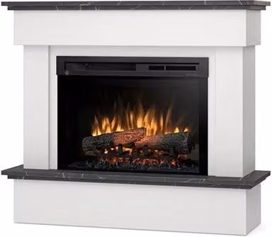 Camino Elettrico Riscaldante Autoportante con LED OUTINFIRE, Bianco Opaco e Marmo Nero, L 108 cm x P 93 cm x H 33,5 cm