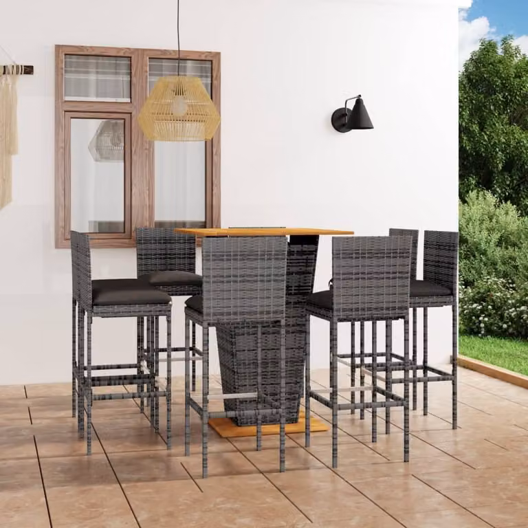 The Living Store Set bar da giardino 9 pezzi con cuscini in poly rattan grigio