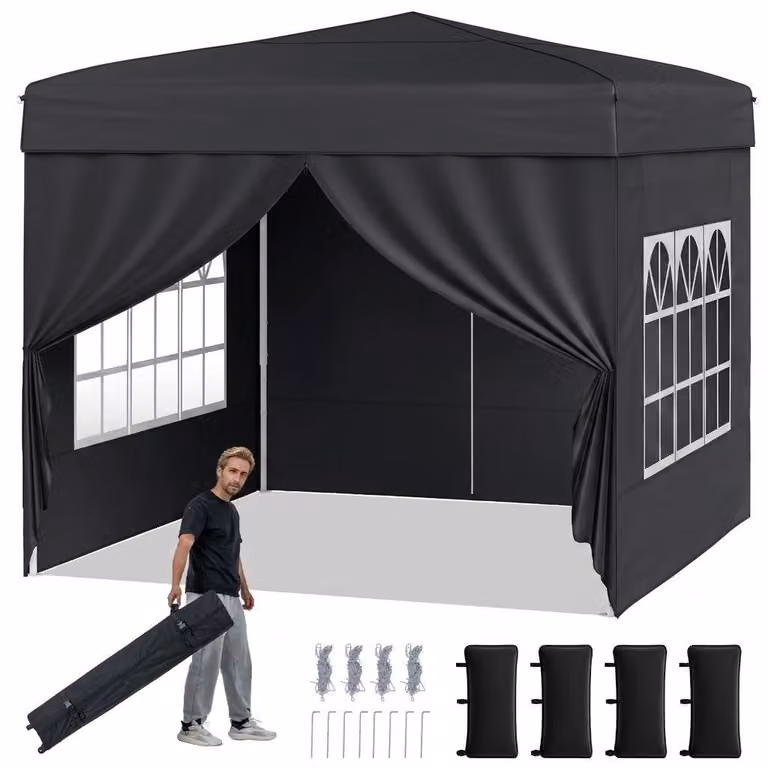 KOMFOTTEU, Gazebo pop-up 3x3 metri, gazebo da giardino pieghevole con pareti laterali removibili, struttura in metallo, finestre trasparenti, 4 sacchi di sabbia, borsa da trasporto, gazebo pieghevole per barbecue, picnic, campeggio (nero)