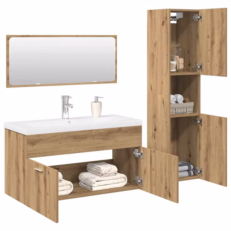 Set Mobili da Bagno Moderno vidaXL in Legno e Vetro, Colore Rovere e Bianco, con Mobile Lavabo, Pensile e Specchio con Armadietto