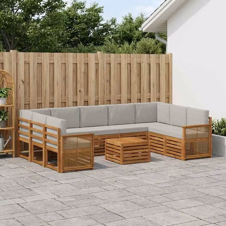 Set di divani da esterno vidaXL 10 pezzi in legno di acacia con cuscini, colore beige, grigio e marrone, configurazione a L con tavolino da caffè per giardino e terrazza