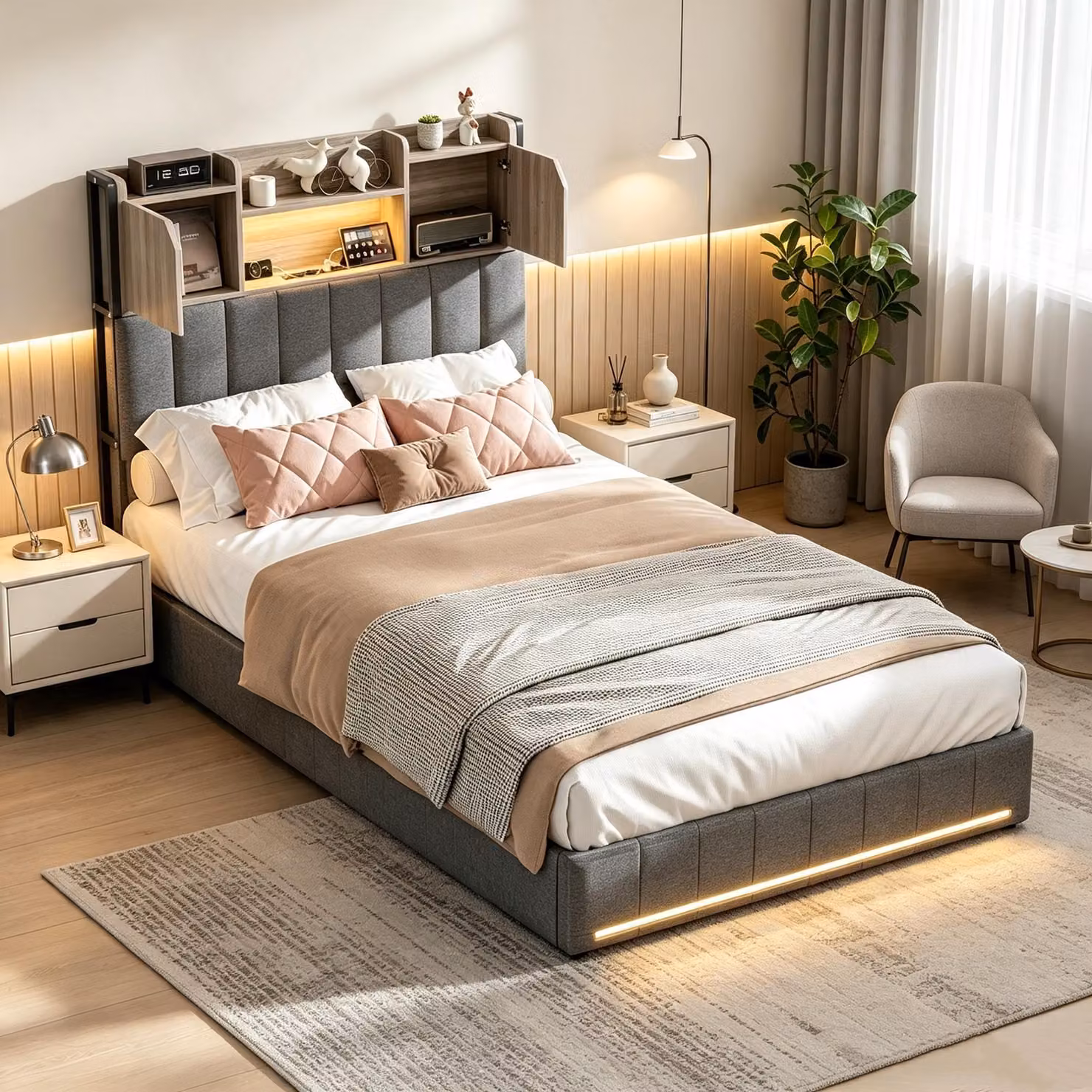 Letto imbottito INONEFT, 90x200 cm, con base di ricarica e luci LED, letto singolo per ragazzi con rete a doghe e 2 cassetti, testiera con spazio contenitore, tessuto in lino, colore grigio