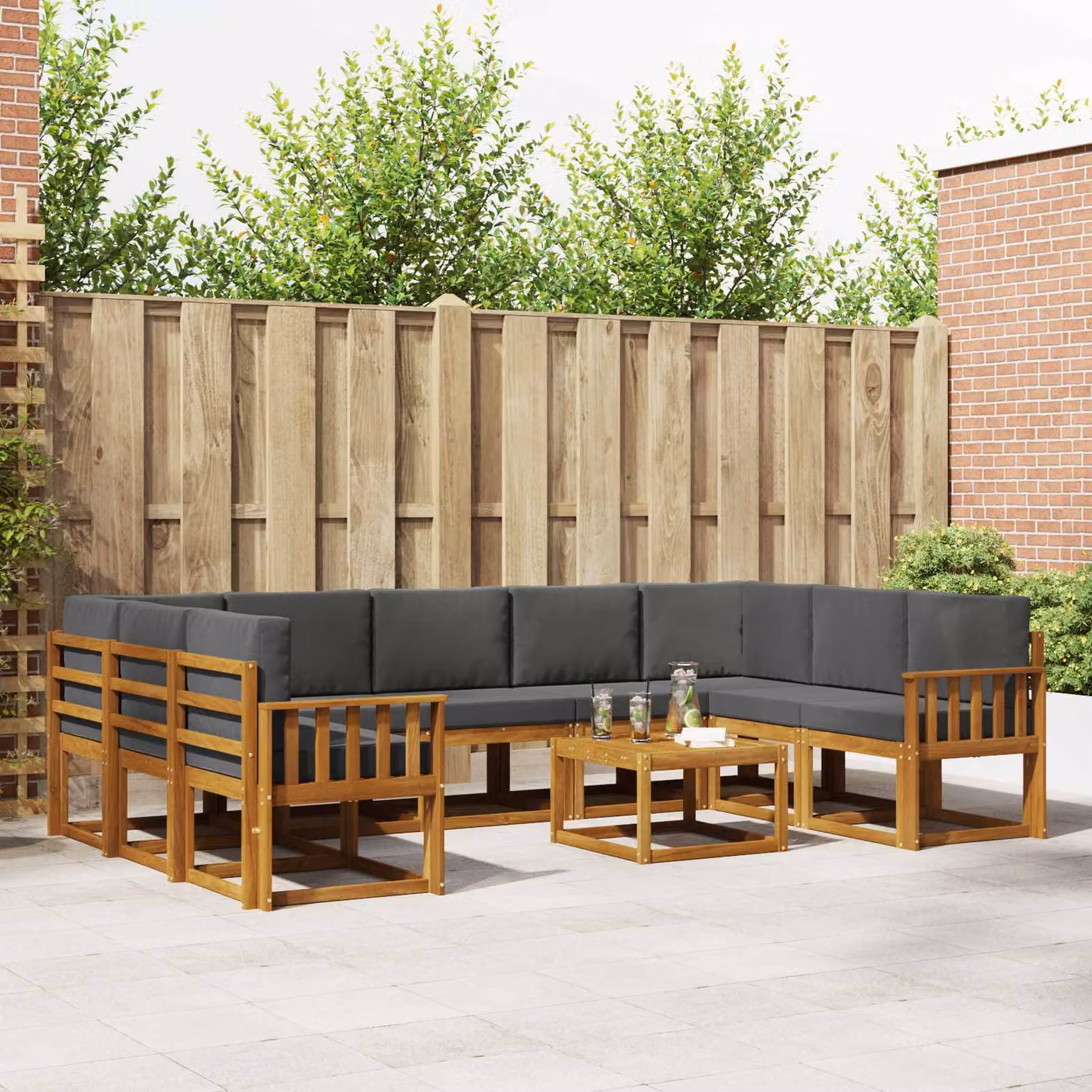 Set di divani da esterno vidaXL a forma di U in legno di acacia, 10 pezzi, colore Antracite e Marrone con cuscini inclusi