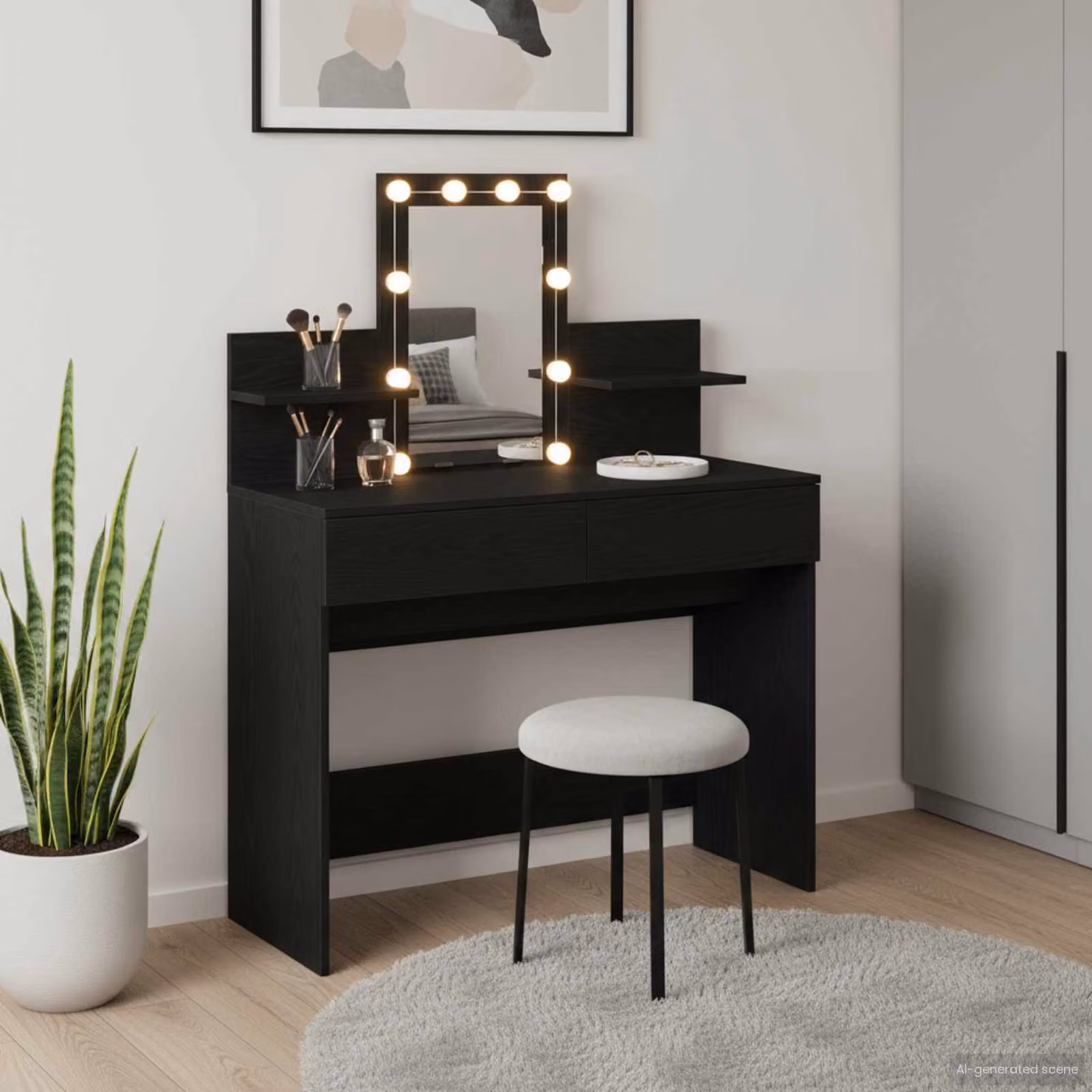 vidaXL Tavolo da Trucco Moderno con LED Hollywood Nero L: 100 cm, P: 40 cm, H: 130 cm