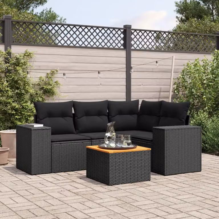 vidaXL Set Divani da Giardino a L 5 pz in Polyrattan Nero con Cuscini e Tavolino
