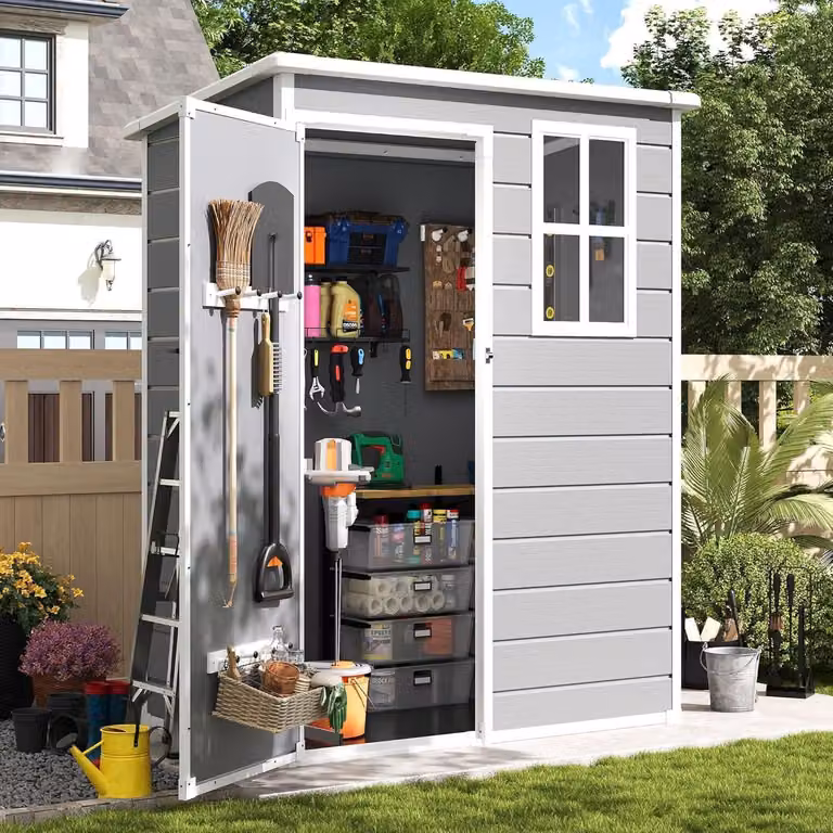 Casetta da giardino resistente alle intemperie, 3,9 m³, resina plastica, colore grigio e bianco, dimensioni 152x92x192 cm