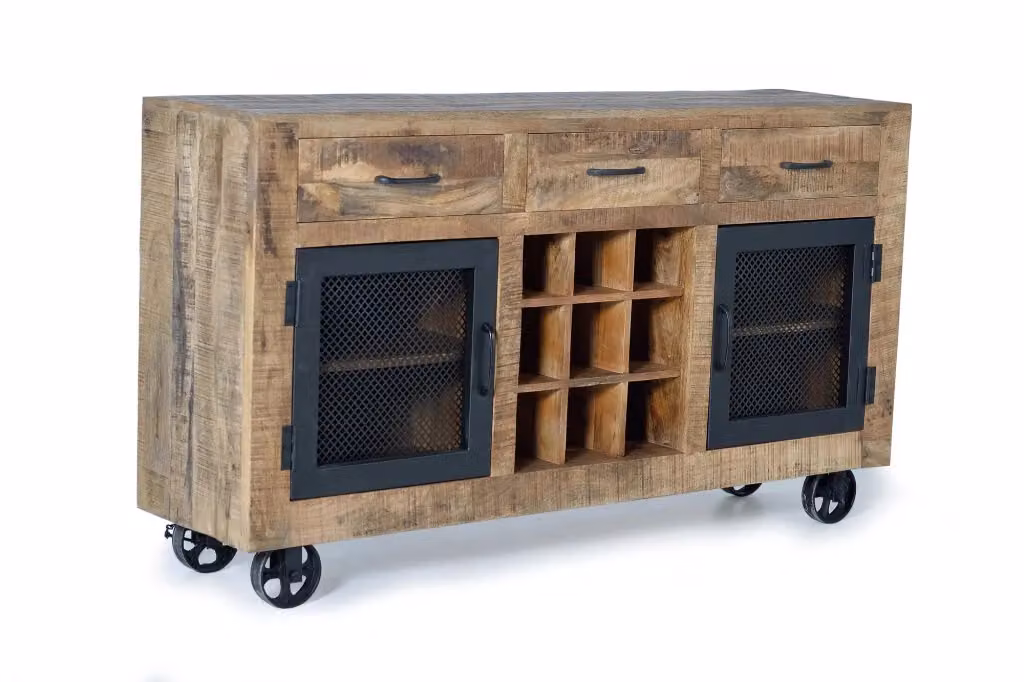 Credenza in legno di mango grezzo e metallo con 2 ante e 3 cassetti stile industriale Giner y Colomer colore marrone e nero – 2